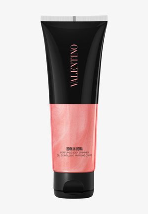 Tube de gel corporel scintillant parfumé Valentino Born in Roma avec bouchon noir et emballage noir et rose.