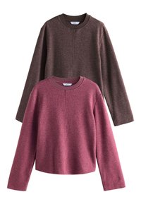 Deux sweatshirts à manches longues en marron foncé et rose, avec des encolures rondes, un tissu texturé et des bordures de cou contrastantes.