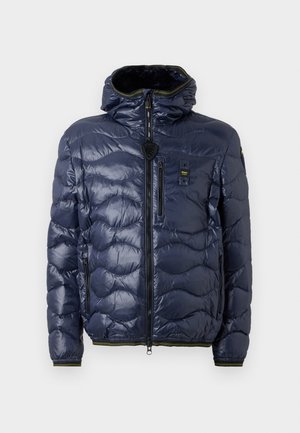 Navy puffer jacket with a glossy finish, quilted pattern, zip closure, removable hood, and side pockets. Features black and yellow accents.