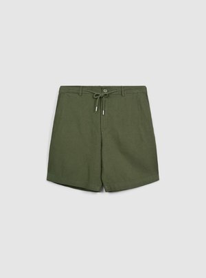 Grüne Leinen-Shorts mit Tunnelzugbund, Knopfverschluss und gesäumten Beinen. Sie zeichnen sich durch eine einfache, glatte Textur und ein minimalistisches Design aus.