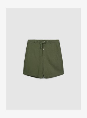 Grüne Leinen-Shorts mit Tunnelzugbund, Knopfverschluss und gesäumten Beinen. Sie zeichnen sich durch eine einfache, glatte Textur und ein minimalistisches Design aus.