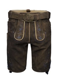 Pantalones cortos de cuero marrón con costuras azules, patrones florales bordados, una hebilla decorativa y bolsillos laterales.