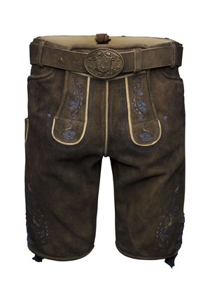 Bruna lädershorts med blå stygn, broderade blommönster, en dekorativ bältesspänne och sidofickor.