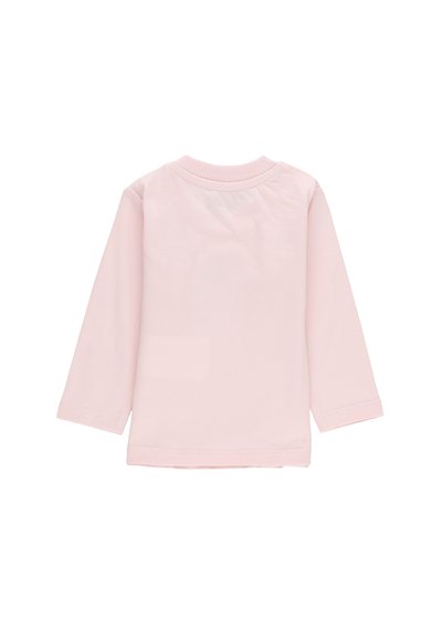Maglietta per bambini a maniche lunghe di colore rosa chiaro con colletto a costine, mostrata dal retro su uno sfondo bianco.