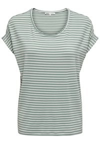 Camiseta de rayas en verde claro y blanco, hecha de una tela suave, con escote redondeado y mangas cortas enrolladas para un ajuste relajado.
