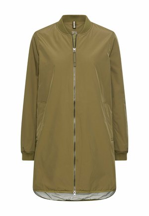 Olivengrøn bomberjakke med lynlåslukning, sidelommer, ribstrikkede manchetter og en glat tekstur. Mellem langt design med en blank inderside.