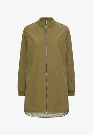 Olivengrøn bomberjakke med lynlåslukning, sidelommer, ribstrikkede manchetter og en glat tekstur. Mellem langt design med en blank inderside.