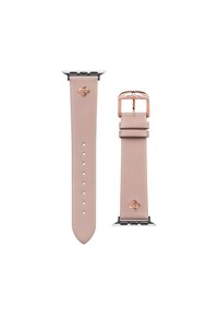 Pink leather smartwatch band with a rose gold buckle and hardware. Features holes for adjustment and a logo detail on the strap.