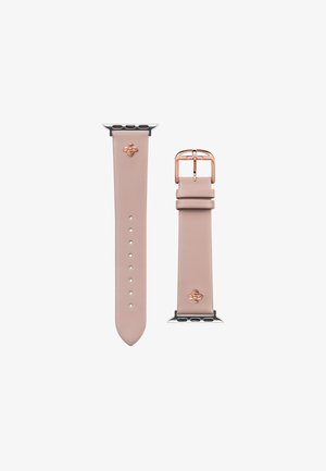 Banda de reloj inteligente de cuero rosa con hebilla y herrajes en oro rosa. Presenta agujeros para ajuste y un detalle de logo en la correa.