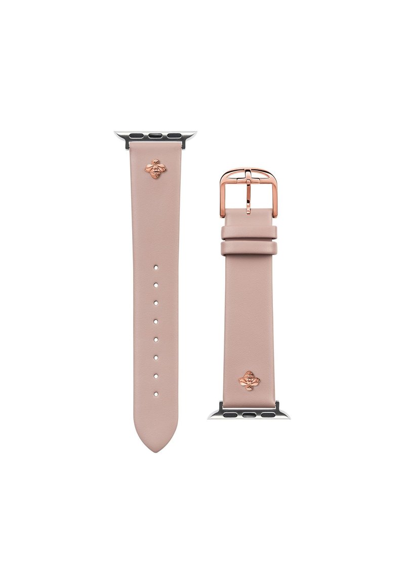 Pink leather smartwatch band with a rose gold buckle and hardware. Features holes for adjustment and a logo detail on the strap.