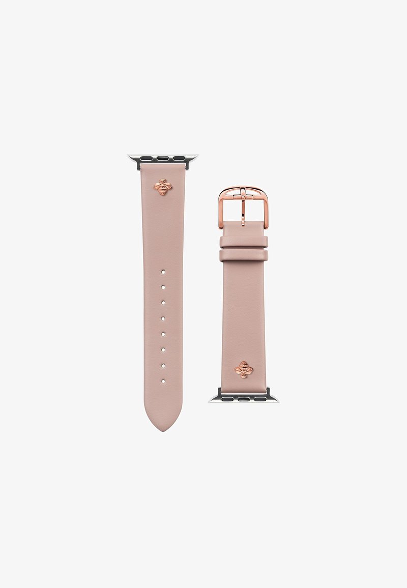 Roosa nahk smartwatch rihm roosa kulla pandla ja riistvaraga. Omab kohandamiseks auke ja logodetaili rihmal.