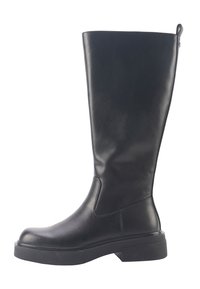 Schwarze Lederstiefel bis zum Knie mit abgerundeter Spitze und Blockabsatz. Verfügt über eine glatte Textur und einen seitlichen Reißverschluss für einfaches Anziehen.