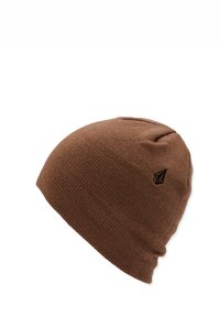 Brown knit beanie with a textured finish. Features a small black logo on the side and a slouchy design, suitable for casual wear.