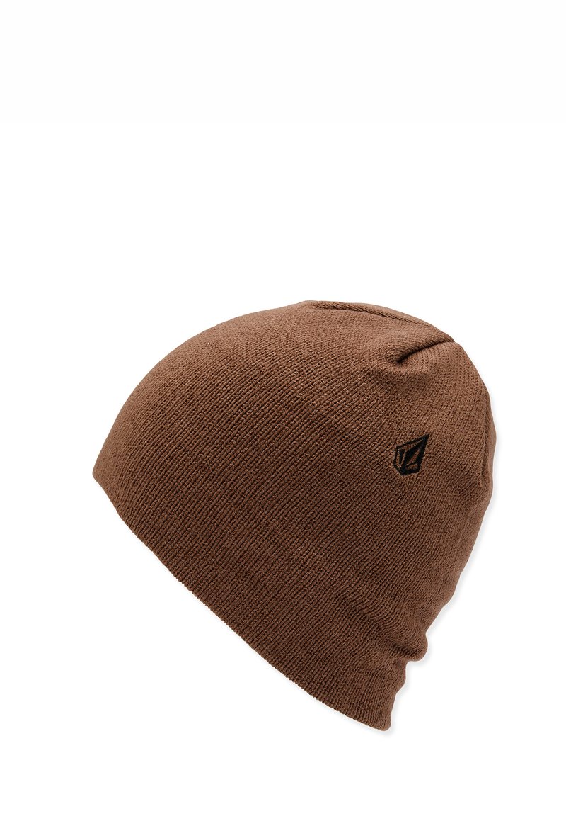 Brown knit beanie with a textured finish. Features a small black logo on the side and a slouchy design, suitable for casual wear.