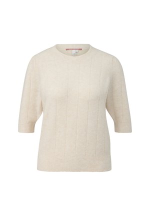 Béžový svetr s krátkým rukávem, ribbovanou texturou, kulatým výstřihem a vertikálním pruhovaným vzorem. Vyrobeno z jemného, lehkého materiálu.