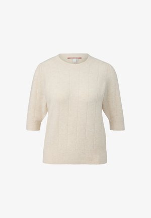 Béžový svetr s krátkým rukávem, ribbovanou texturou, kulatým výstřihem a vertikálním pruhovaným vzorem. Vyrobeno z jemného, lehkého materiálu.