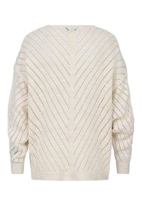 Weißer gestrickter Pullover mit lockerem Design, Chevron-Muster und strukturiertem offenen Gewebe. Gerippte Bündchen und Saum vollenden den Look.