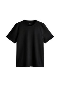 Juoda trumpomis rankovėmis marškinėliai iš lygaus medvilnės audinio. Turi apvalų kaklo iškirpimą ir laisvą fasoną, be matomų logotipų ar raštų.