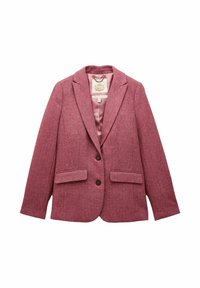 Dámsky ružový herringbone tweed saka s preloženými klopami, zapínaním na dva gombíky a dvoma prednými vakovými vreckami, plne podšité vo vnútri.