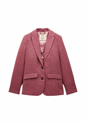Women’s pink herringbone tweed blazer with notched lapels, two button closure, and two front flap pockets, fully lined inside.