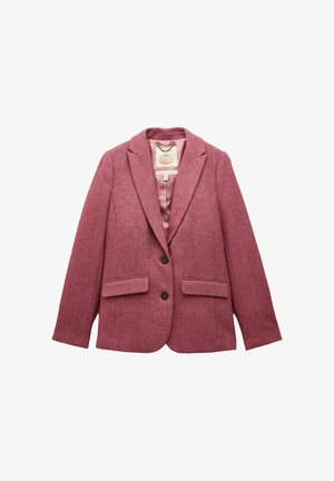 Damen Blazer aus pinkem Fischgrät-Tweed mit Reverskragen, zwei Knopfverschluss und zwei senkrechten Taschen vorne, innen vollständig gefüttert.