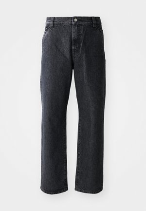 Black denim jeans with a straight cut, featuring a button closure, five pockets, and subtle texture. Classic design with no prominent patterns.