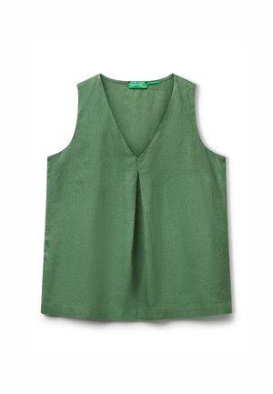 Sleeveless green linen top with a V-neckline, featuring a front pleat and minimal seams for a relaxed fit.