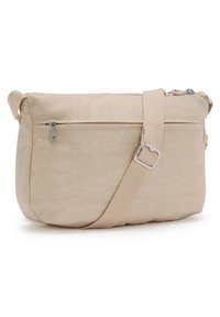 Beige crossbody taška s texturovanou tkaninou, zipovým zavíráním, přední kapsou a nastavitelným popruhem. Obsahuje jemné švy.