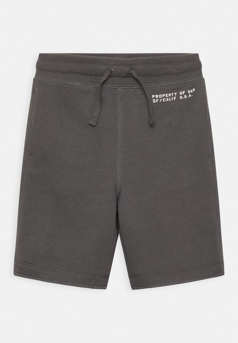 Shorts décontractés gris foncé à taille coulissante avec texte blanc « Property of Gap SF/Calif U.S.A. » sur le côté avant droit.