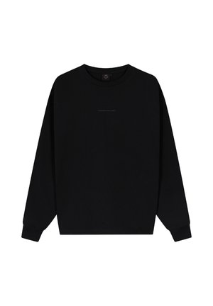 Sweatshirt noir avec un col rond et des manches longues. Texture lisse. Présente un logo discret imprimé sur la poitrine. Coupe classique.