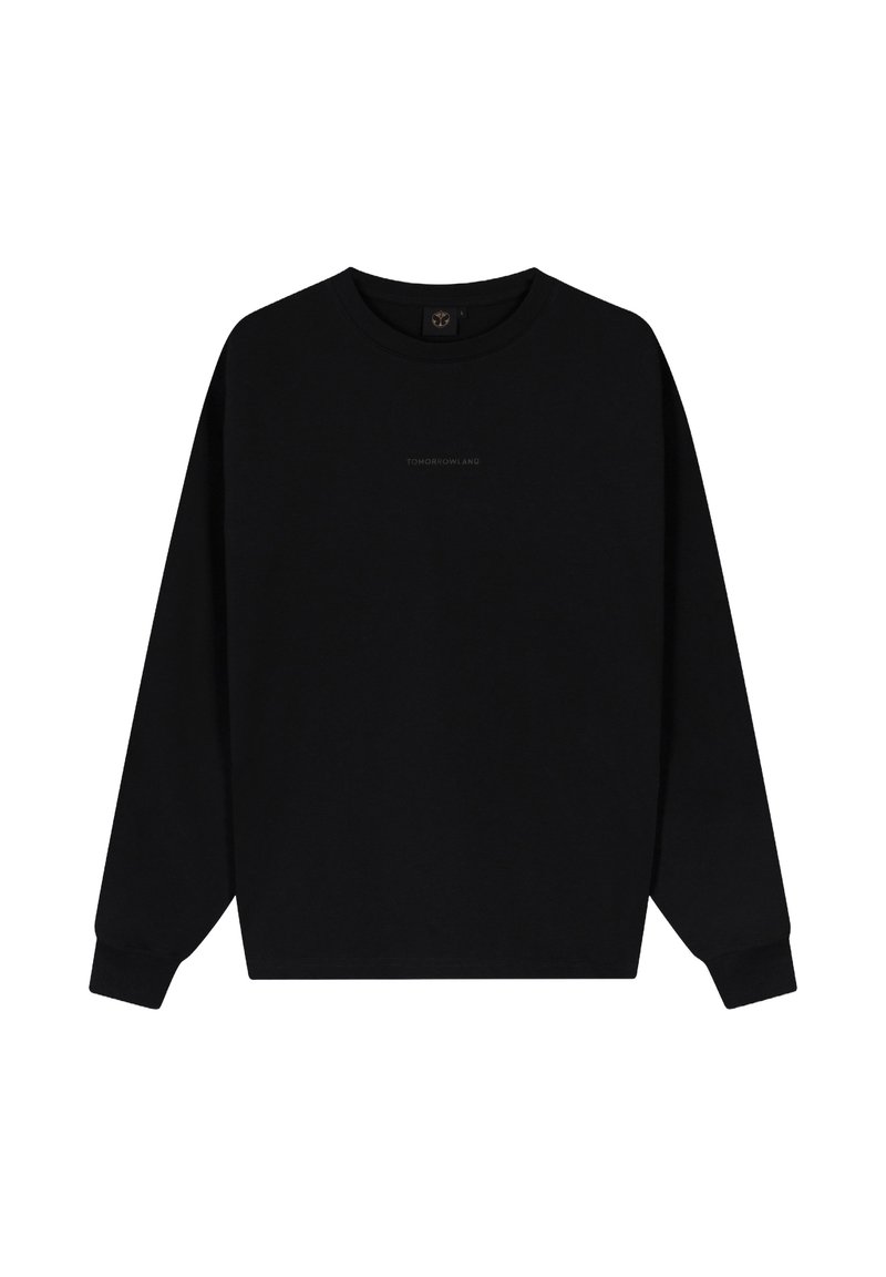 Zwarte sweatshirt met een ronde hals en lange mouwen. Gladde textuur. Heeft een subtiele logo-opdruk op de borst. Klassieke pasvorm.