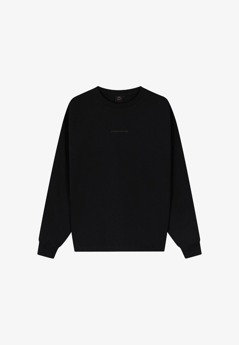 Zwarte sweatshirt met een ronde hals en lange mouwen. Gladde textuur. Heeft een subtiele logo-opdruk op de borst. Klassieke pasvorm.