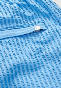 Helles blaues Gewebe mit vertikalen Streifen, einem Reißverschlussfach und einem Detail aus Silberbeschlägen, das eine strukturierte Oberfläche zeigt.