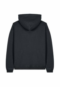 Sweatshirt à capuche noire avec une texture douce. Dispose d'une poche kangourou et de poignets et d'un ourlet côtelés. Design simple et sans embellissement.