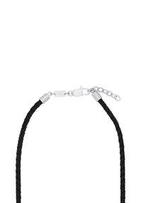 Collana in pelle intrecciata nera con gancio a moschettone in argento e catena estensibile regolabile.