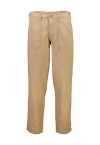 Beiga linbyxor med rak passform, två framfickor och knappstängning. Texturerad tyg med minimala sömdetaljer.