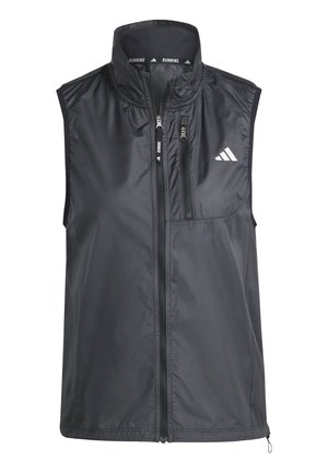 Black running vest with high collar, zippered pockets, and smooth, lightweight fabric. Features a minimalist design with a small logo.