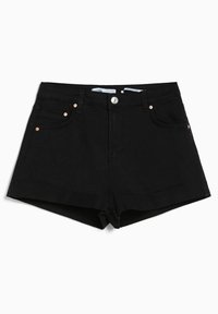 Short en jean noir à taille haute, doté d'un unique bouton en métal, de cinq poches et de rivets en cuivre contrastants sur le devant.
