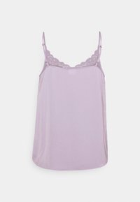 Camisola lavanda con spalline regolabili e rifinitura in pizzo sul collo, caratterizzata da un tessuto morbido e liscio e una vestibilità morbida.