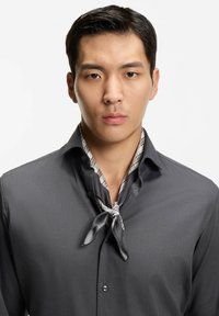 Ung mand med kort sort hår iført en mørkegrå skjorte med knapper og et bundet sølvfarvet og ternet silketørklæde omkring halsen.