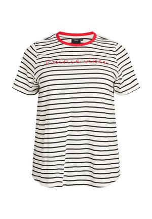 Weißes T-Shirt mit kurzen Ärmeln, schwarzen horizontalen Streifen, rotem Rundhalsausschnitt und rotem Schriftzug "Positive vibes" auf der Brust.