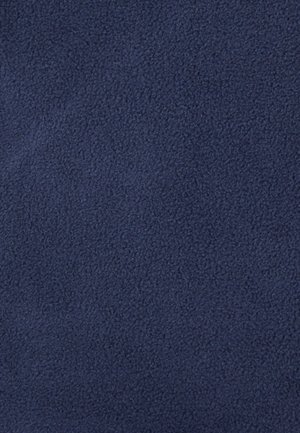 Marineblauwe fleece-stof met een zachte, gestructureerde oppervlakte. Heeft een dichte, uniforme pool en een egale kleur doorheen.