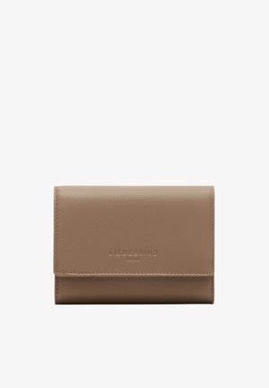 Kompaktowy portfel w kolorze taupe z przeszytymi brzegami i wytłoczonym logo "Liebeskind Berlin" umieszczonym na środku przedniej klapy.