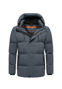 Grå puffjacka med huva, har dragkedja och tryckknappsstängning, sidofickor och logodetalj på det inre foderet. Texturerad, isolerad design.