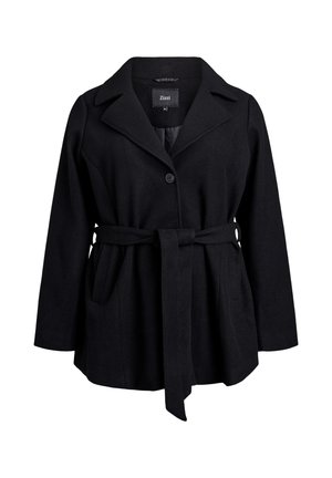 Black wool-blend coat with a notched collar, single button closure, belt at the waist, and side pockets. Smooth texture, tailored fit.