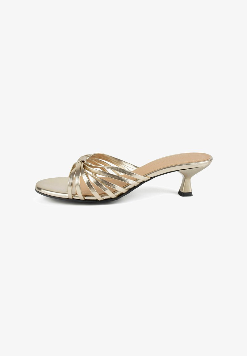 Strappy gold high-heeled sandal with a metallic finish, featuring woven details on the upper and a small, square heel.