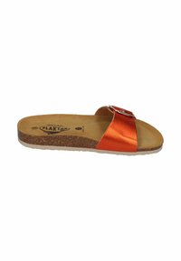 Orange satin slide sandal with a single strap and silver buckle, featuring a cork footbed and a textured white outsole.