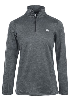 Grauer Pullover mit langen Ärmeln und Halb-Zip-Kragen, strukturiertem Stoff, reflektierendem Logo auf der Brust und "Quick Dry"-Etikett am Saum.