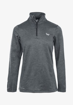 Grijze lange mouwen pullover met een halve ritssluiting kraag, gestructureerde stof, reflecterend logo op de borst en "Quick Dry" label aan de onderrand.