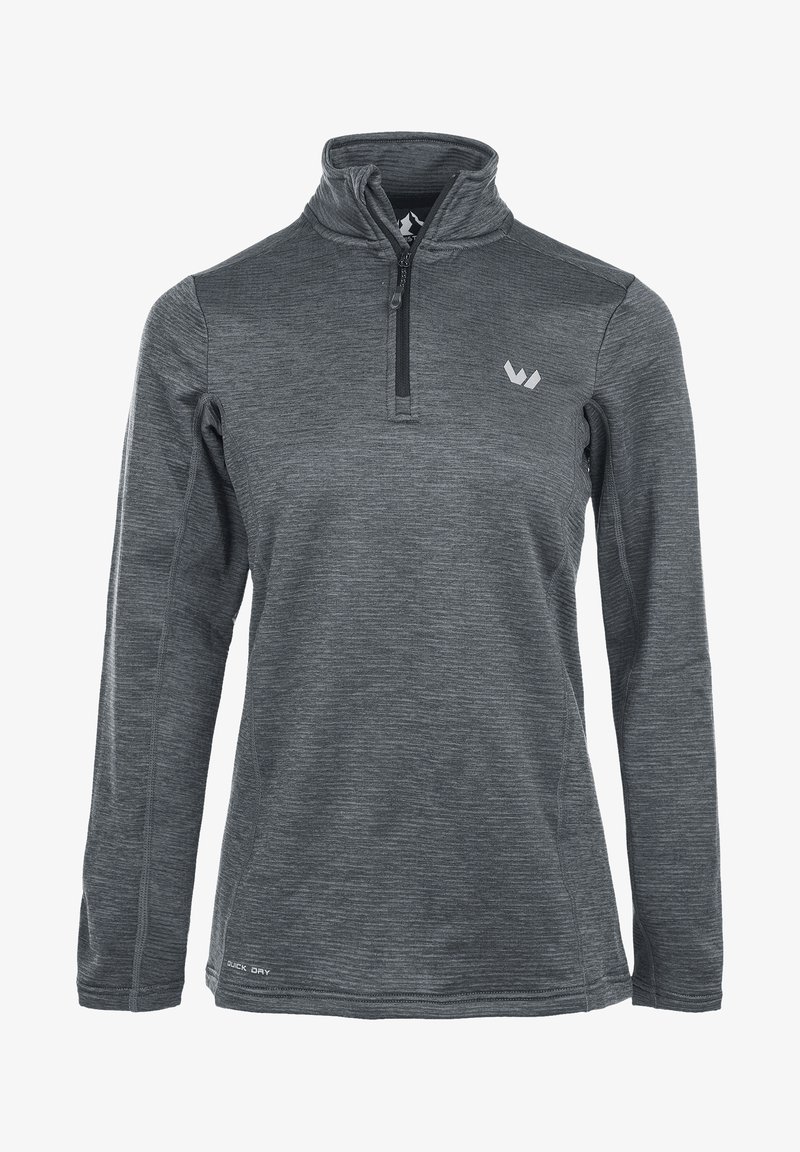 Grå langærmet pullover med halv-zip krave, struktureret stof, reflekterende logo på brystet og "Quick Dry" label ved sømmen.